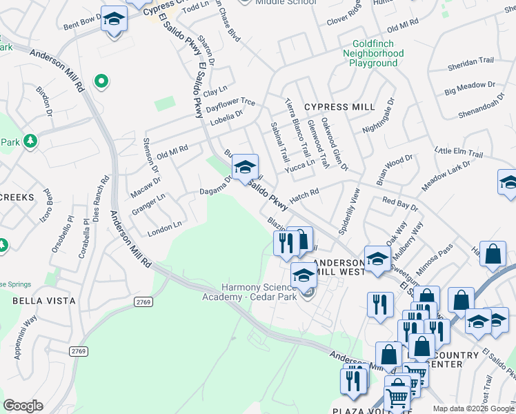 map of restaurants, bars, coffee shops, grocery stores, and more near 1901 Aster Pass in Cedar Park