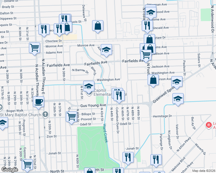 map of restaurants, bars, coffee shops, grocery stores, and more near 4350 Washington Avenue in Baton Rouge