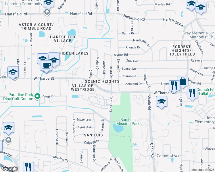 map of restaurants, bars, coffee shops, grocery stores, and more near 1814 Devra Drive in Tallahassee