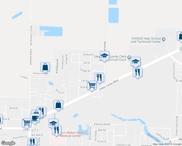 map of restaurants, bars, coffee shops, grocery stores, and more near 1196 Forest Heights Road in Fort Walton Beach