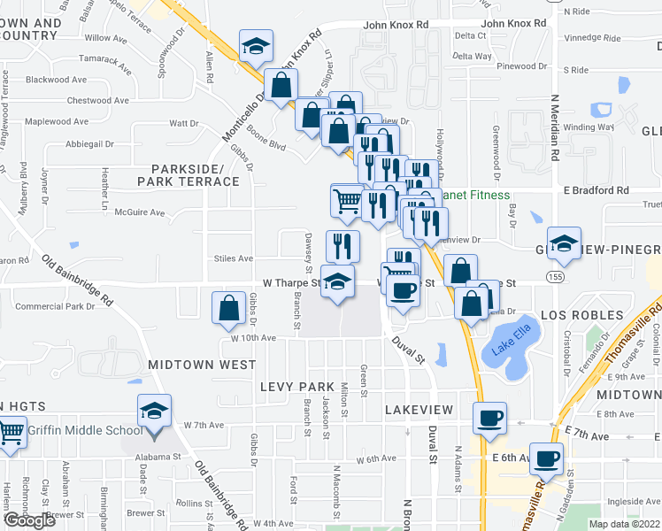map of restaurants, bars, coffee shops, grocery stores, and more near 524 West Tharpe Street in Tallahassee