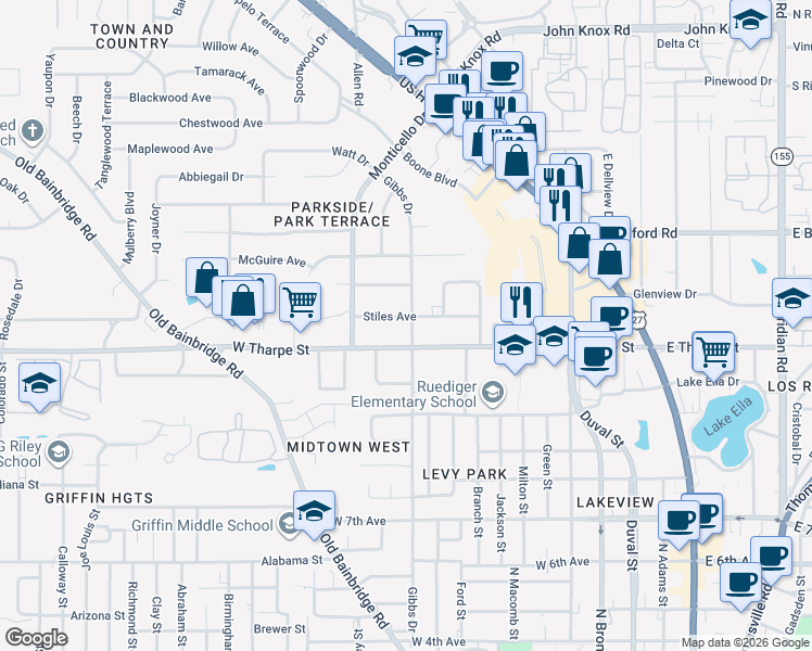 map of restaurants, bars, coffee shops, grocery stores, and more near 704 Stiles Avenue in Tallahassee