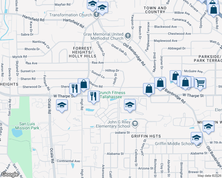 map of restaurants, bars, coffee shops, grocery stores, and more near 1904 Holly Street in Tallahassee
