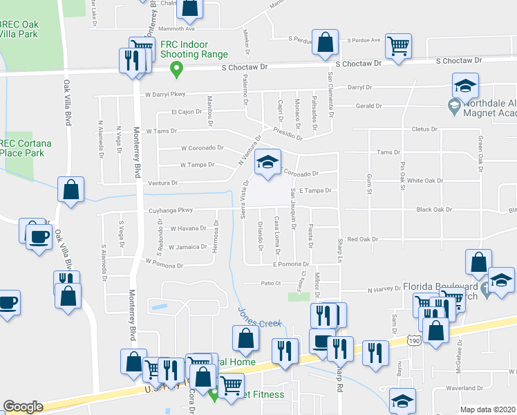 map of restaurants, bars, coffee shops, grocery stores, and more near 9765 Cuyhanga Parkway in Baton Rouge