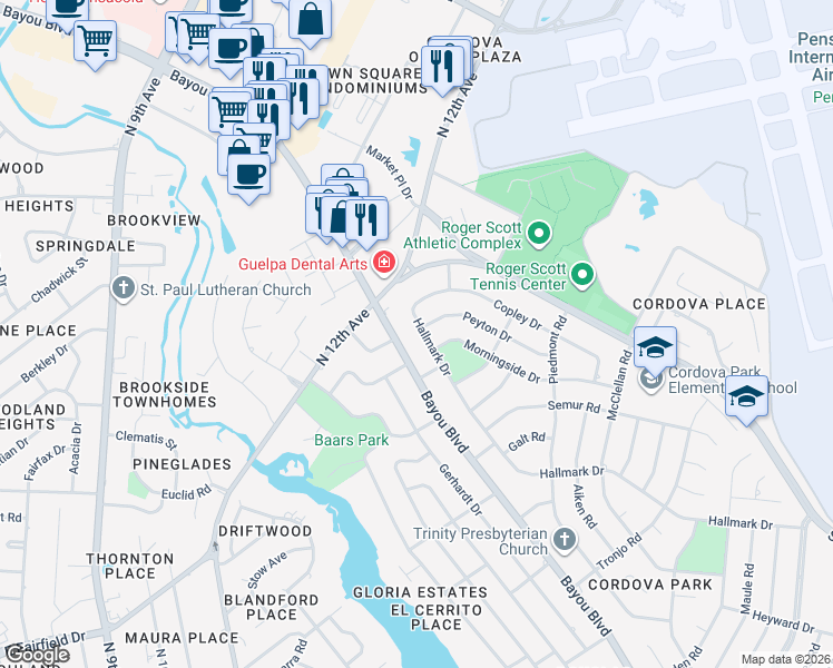 map of restaurants, bars, coffee shops, grocery stores, and more near 1805 Hallmark Drive in Pensacola