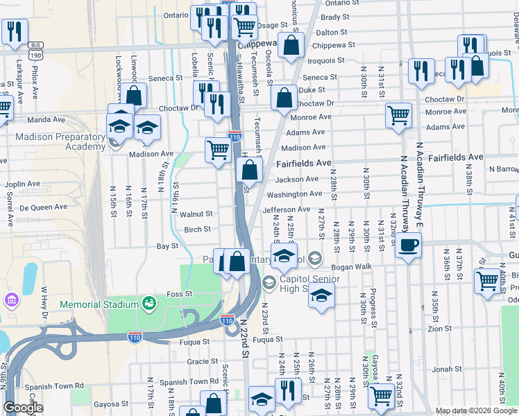 map of restaurants, bars, coffee shops, grocery stores, and more near 1919 Plank Road in Baton Rouge