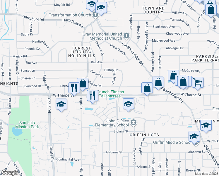 map of restaurants, bars, coffee shops, grocery stores, and more near 1904 Holly Street in Tallahassee