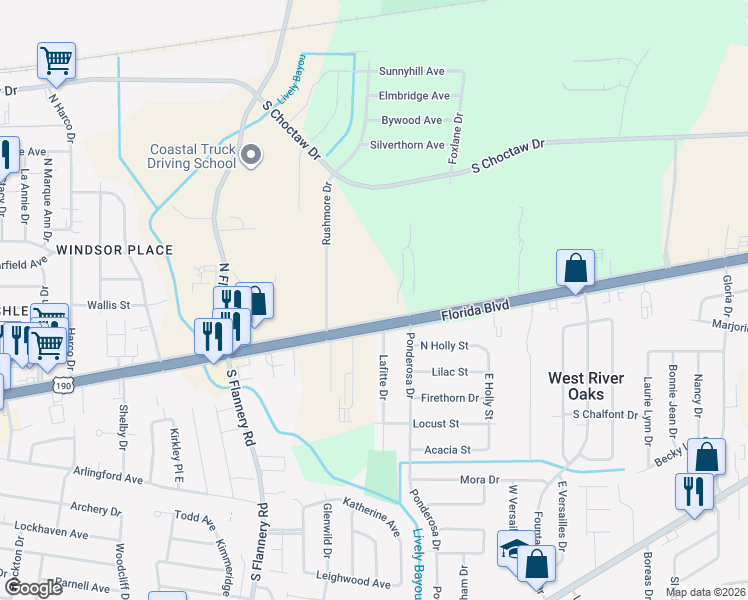 map of restaurants, bars, coffee shops, grocery stores, and more near 14101 Florida Boulevard in Baton Rouge