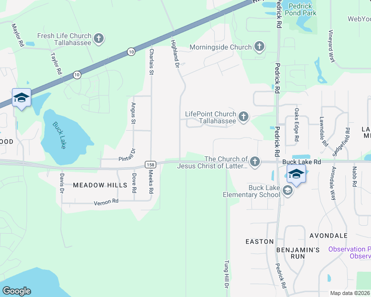 map of restaurants, bars, coffee shops, grocery stores, and more near 1233 Highland Drive in Tallahassee