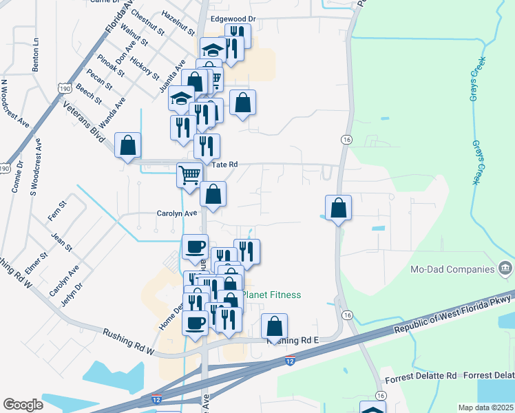 map of restaurants, bars, coffee shops, grocery stores, and more near 1562 Norma Drive in Denham Springs