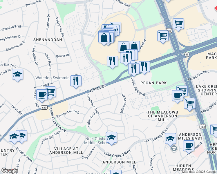 map of restaurants, bars, coffee shops, grocery stores, and more near 12505 Mossy Bark Trail in Austin