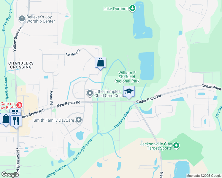 map of restaurants, bars, coffee shops, grocery stores, and more near 3613 New Berlin Road in Jacksonville