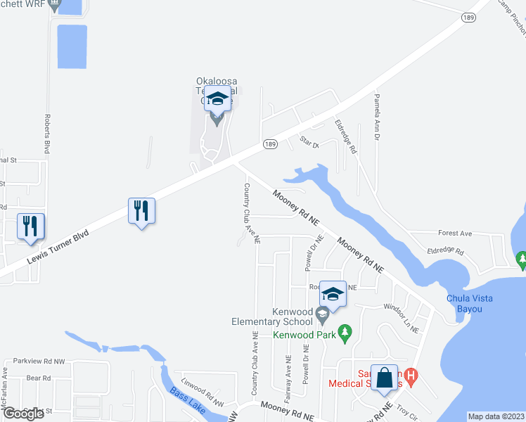 map of restaurants, bars, coffee shops, grocery stores, and more near 5 Rue De Le Roi Street Northeast in Fort Walton Beach