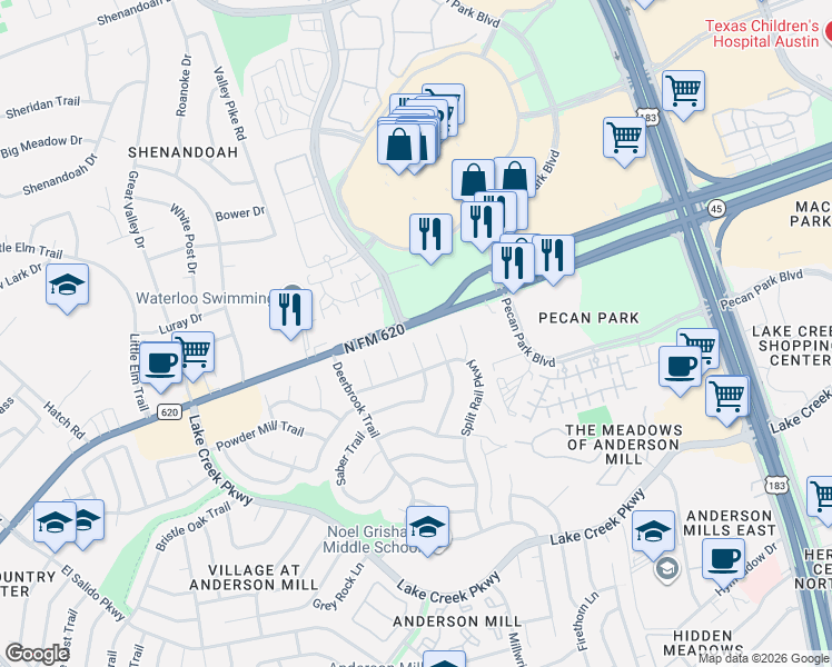 map of restaurants, bars, coffee shops, grocery stores, and more near 12505 Mossy Bark Trail in Austin