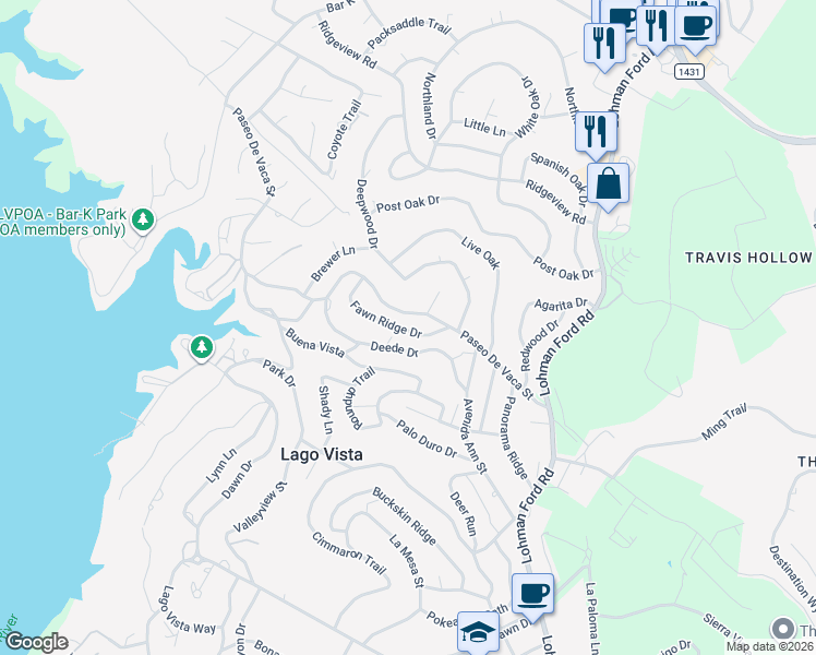 map of restaurants, bars, coffee shops, grocery stores, and more near 20507 Paseo De Vaca Street in Lago Vista