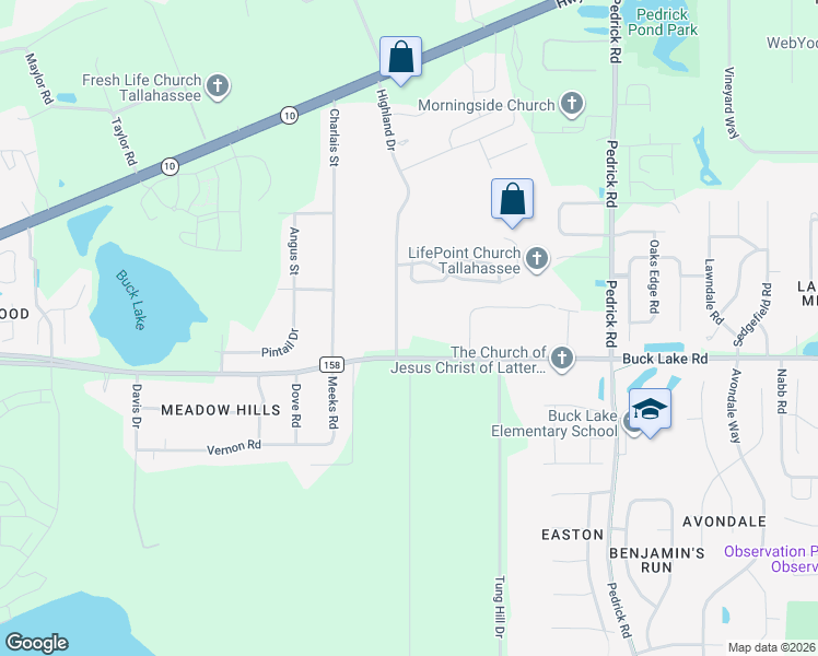 map of restaurants, bars, coffee shops, grocery stores, and more near 1233 Highland Drive in Tallahassee