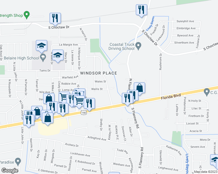 map of restaurants, bars, coffee shops, grocery stores, and more near 13025 Wallis Street in Baton Rouge