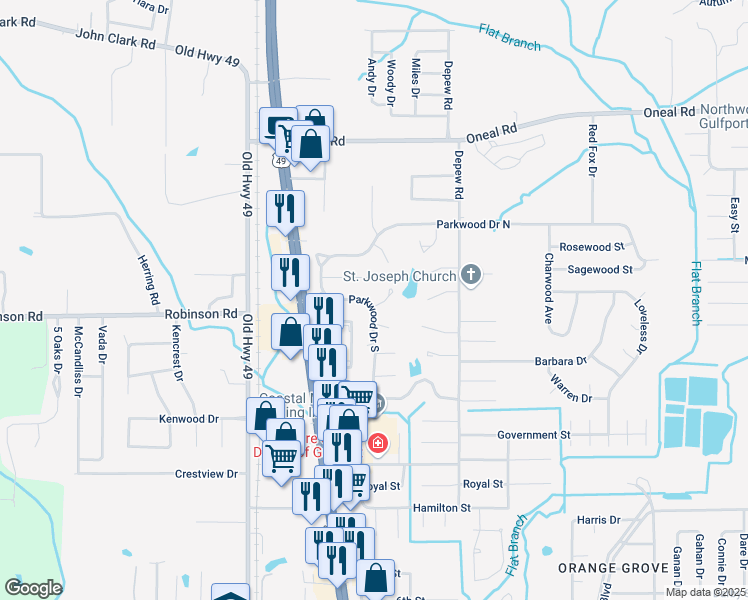 map of restaurants, bars, coffee shops, grocery stores, and more near 15353-15393 Pinewood Court in Gulfport