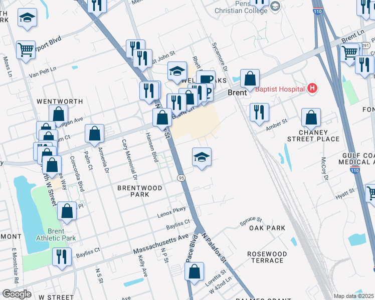 map of restaurants, bars, coffee shops, grocery stores, and more near 31 Murphy Lane in Pensacola