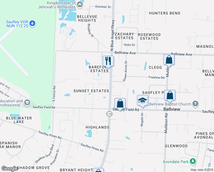 map of restaurants, bars, coffee shops, grocery stores, and more near 6080 North Blue Angel Parkway in Pensacola