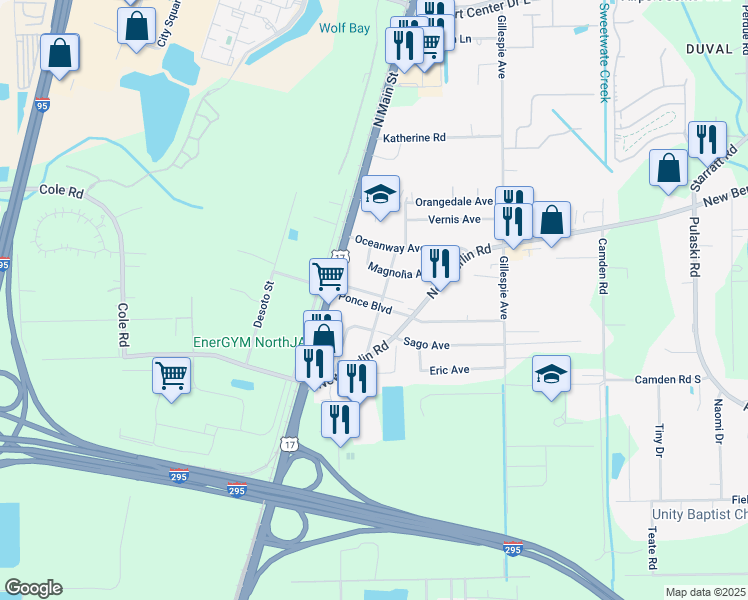 map of restaurants, bars, coffee shops, grocery stores, and more near 57 Ponce Boulevard North in Jacksonville
