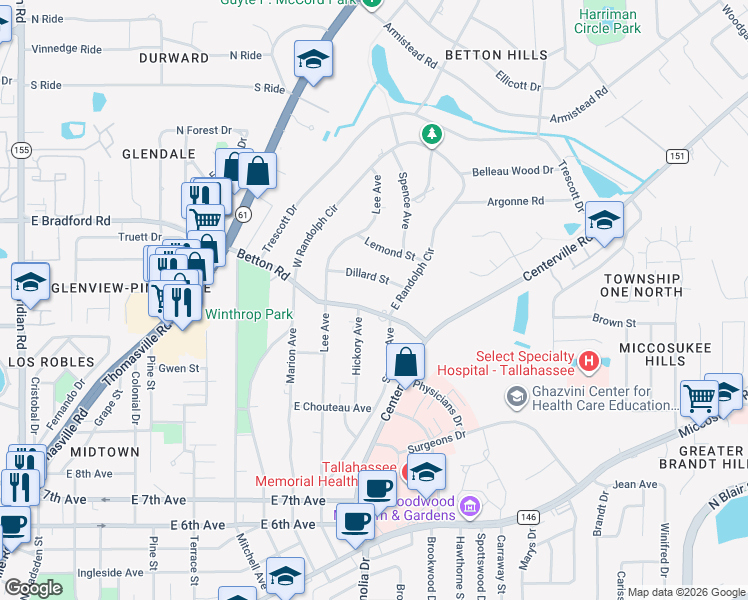 map of restaurants, bars, coffee shops, grocery stores, and more near 1308 Betton Road in Tallahassee