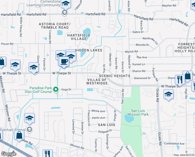 map of restaurants, bars, coffee shops, grocery stores, and more near 2331 Sandpiper Street in Tallahassee