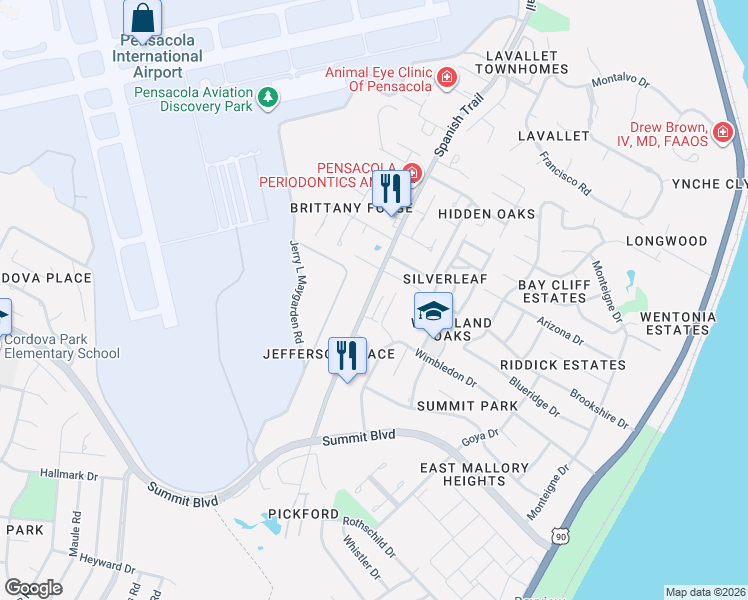 map of restaurants, bars, coffee shops, grocery stores, and more near 4113 Wynford Circle in Pensacola