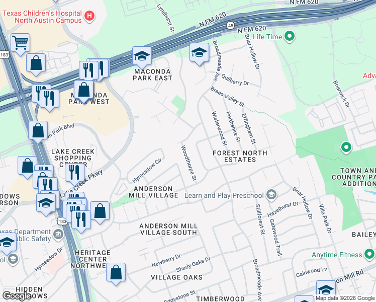 map of restaurants, bars, coffee shops, grocery stores, and more near 13224 Woodthorpe Street in Austin