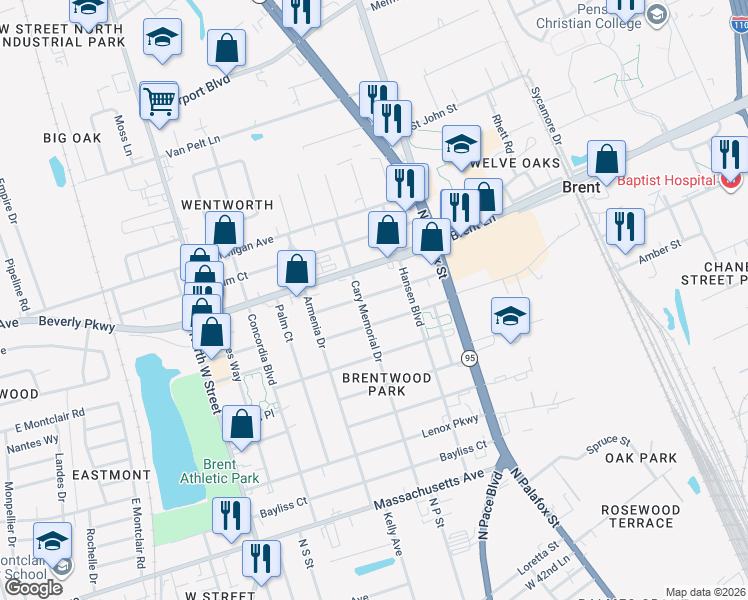 map of restaurants, bars, coffee shops, grocery stores, and more near 114 Carolyn Way in Pensacola