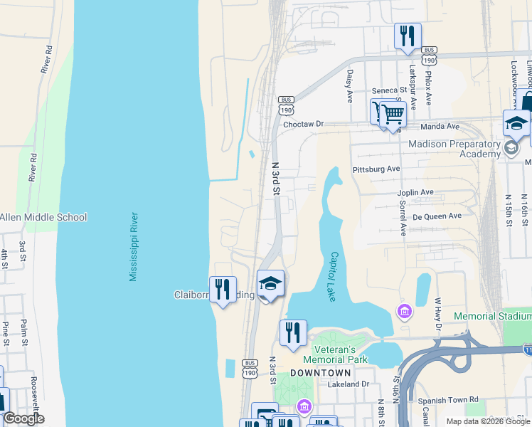 map of restaurants, bars, coffee shops, grocery stores, and more near 2045 North 3rd Street in Baton Rouge