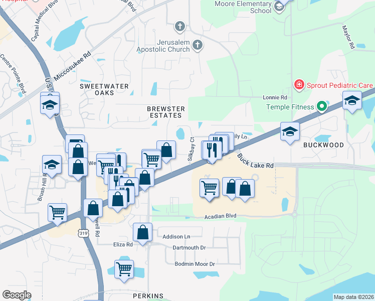 map of restaurants, bars, coffee shops, grocery stores, and more near 3394 Tansey Court in Tallahassee