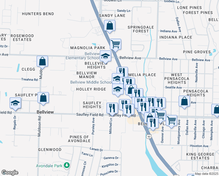 map of restaurants, bars, coffee shops, grocery stores, and more near 6201 Mobile Highway in Pensacola