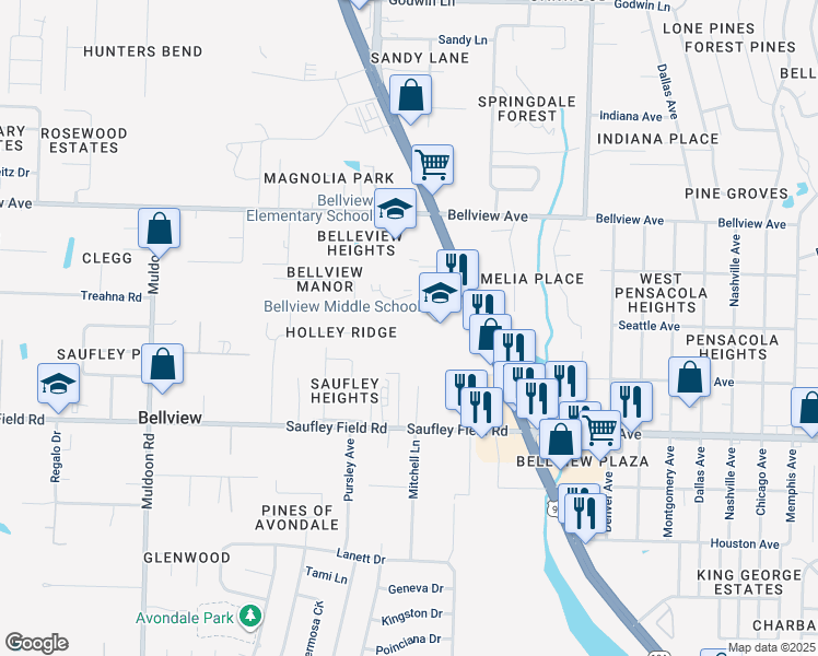 map of restaurants, bars, coffee shops, grocery stores, and more near 6201 Mobile Highway in Pensacola