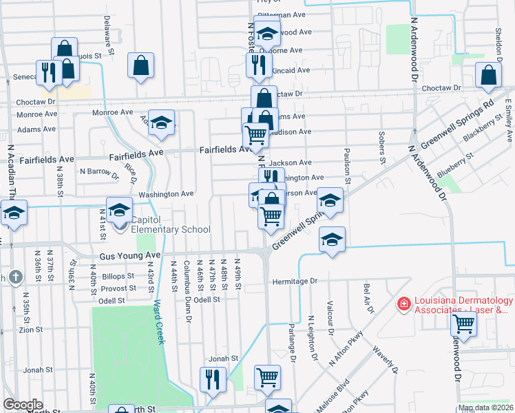map of restaurants, bars, coffee shops, grocery stores, and more near 1749 North Foster Drive in Baton Rouge