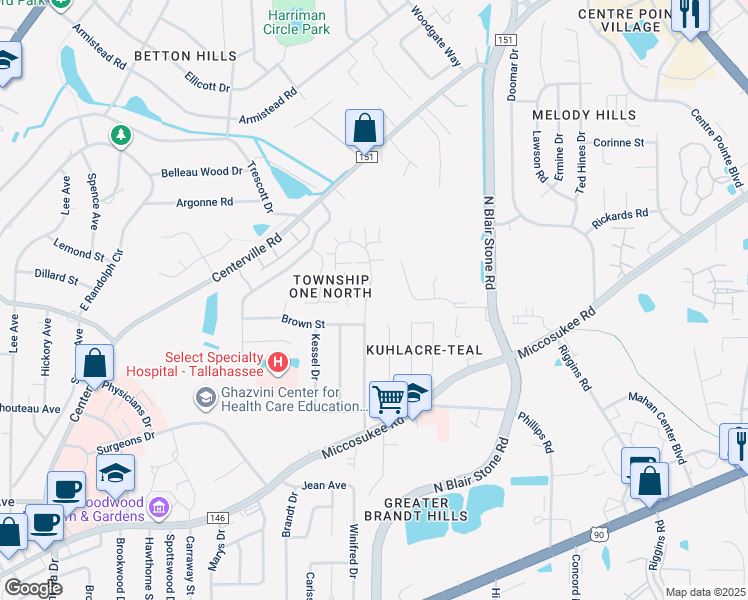 map of restaurants, bars, coffee shops, grocery stores, and more near 1541 Coombs Drive in Tallahassee