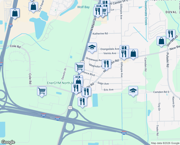 map of restaurants, bars, coffee shops, grocery stores, and more near 57 Ponce Boulevard North in Jacksonville