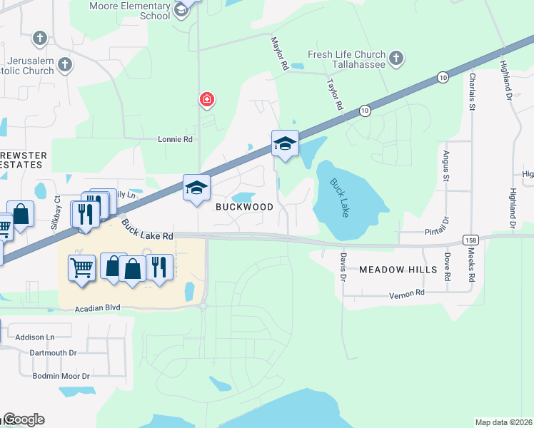 map of restaurants, bars, coffee shops, grocery stores, and more near 124 Preserve Court in Tallahassee