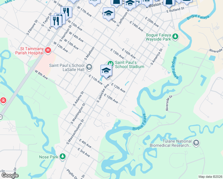 map of restaurants, bars, coffee shops, grocery stores, and more near 1001 South Louisiana Street in Covington