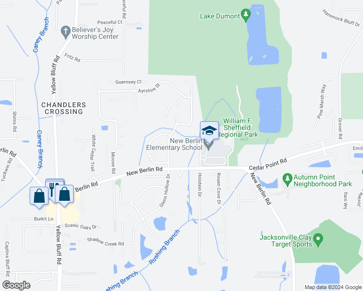 map of restaurants, bars, coffee shops, grocery stores, and more near 3543 Brangus Court in Jacksonville