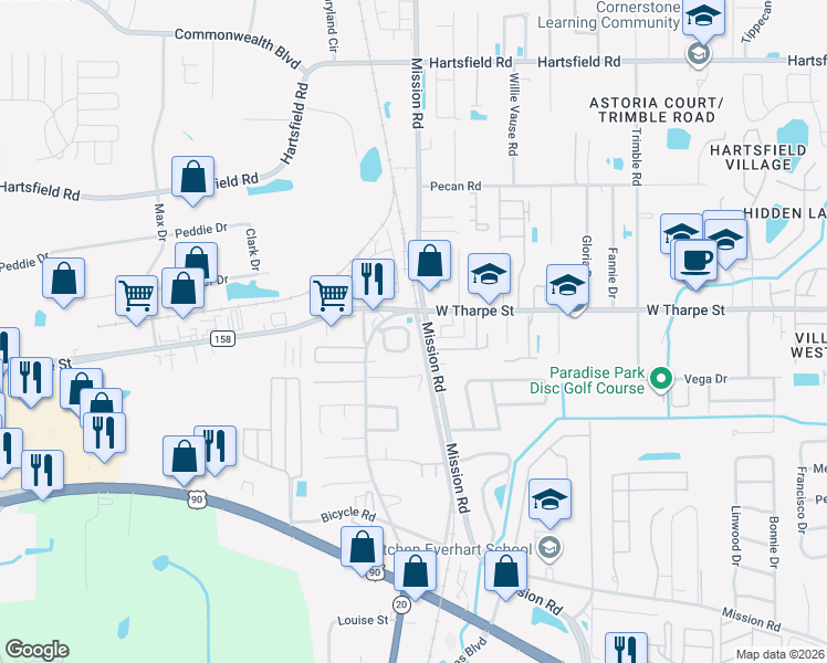 map of restaurants, bars, coffee shops, grocery stores, and more near 2760 Tess Circle in Tallahassee