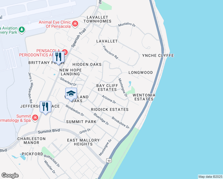 map of restaurants, bars, coffee shops, grocery stores, and more near 3510 Lemmington Road in Pensacola