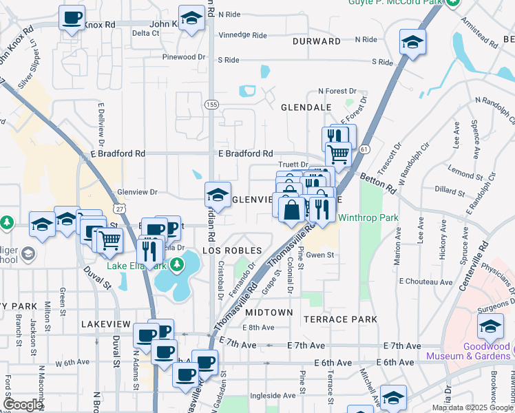 map of restaurants, bars, coffee shops, grocery stores, and more near 511 Glenview Drive in Tallahassee