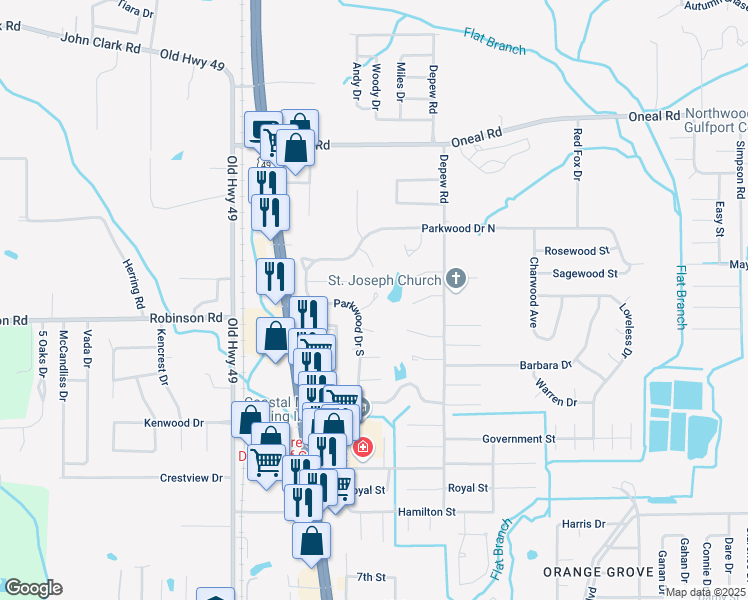 map of restaurants, bars, coffee shops, grocery stores, and more near 15353 Pinewood Court in Gulfport