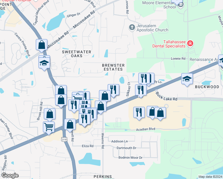 map of restaurants, bars, coffee shops, grocery stores, and more near 4067 Brewster Road in Tallahassee