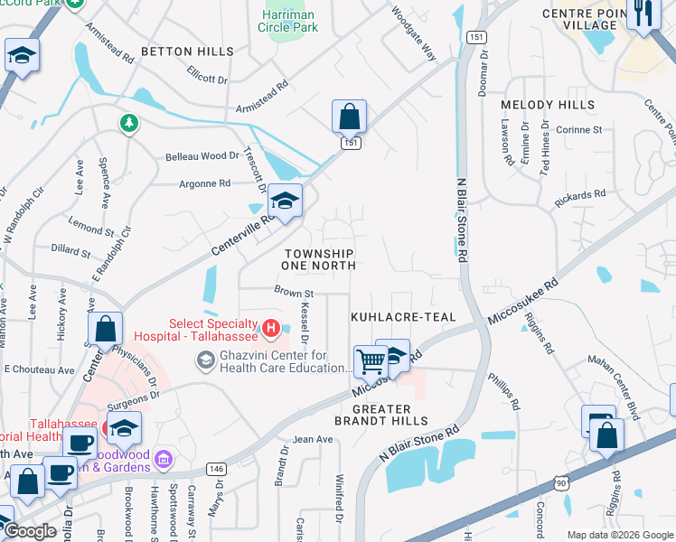 map of restaurants, bars, coffee shops, grocery stores, and more near 1605 Akridge Drive in Tallahassee