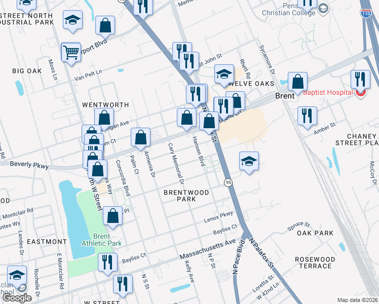 map of restaurants, bars, coffee shops, grocery stores, and more near 114 Carolyn Way in Pensacola
