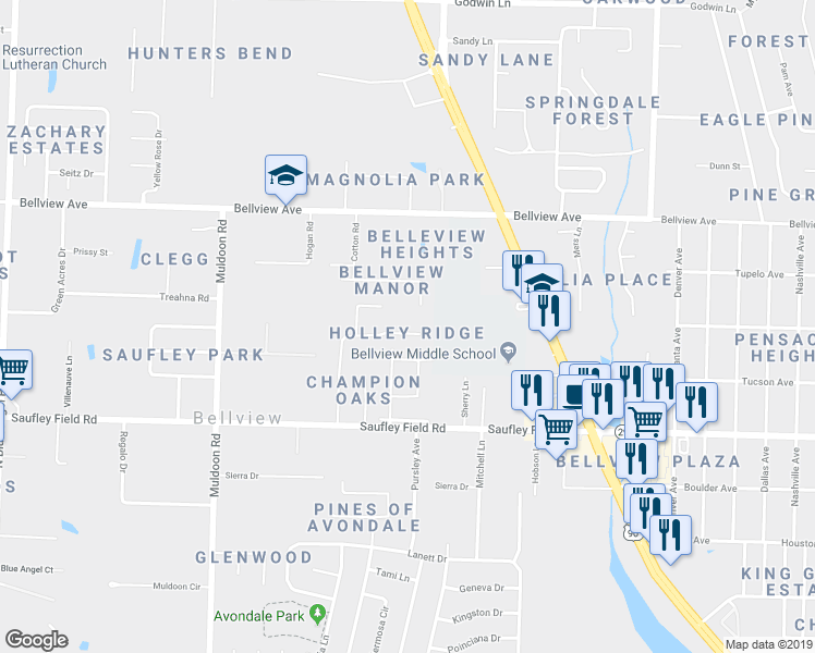map of restaurants, bars, coffee shops, grocery stores, and more near 6250 Bradshaw Street in Pensacola