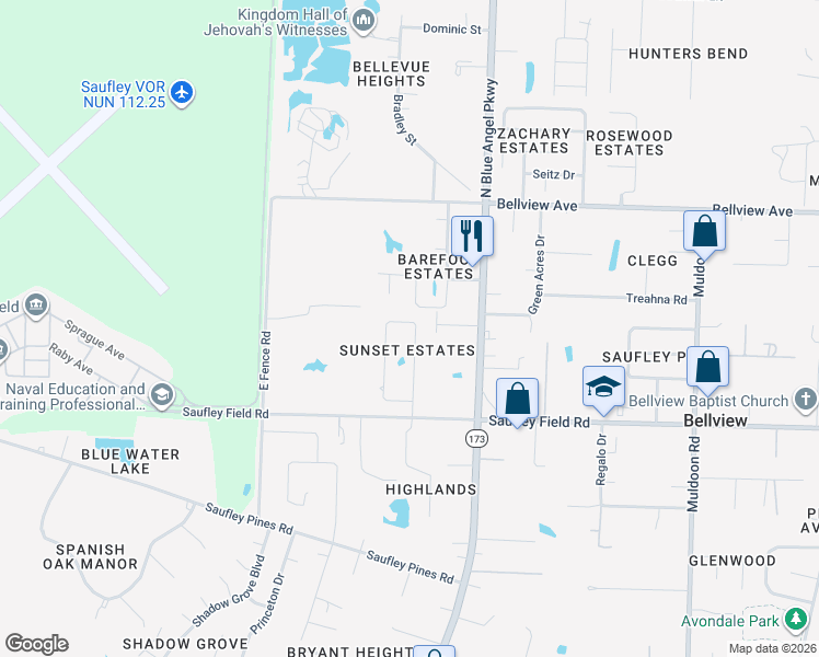 map of restaurants, bars, coffee shops, grocery stores, and more near 6102 Suntan Circle in Pensacola