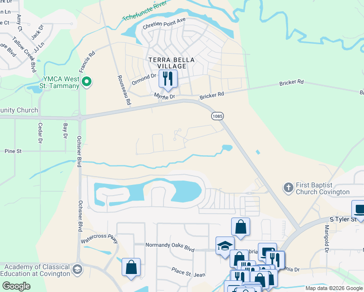 map of restaurants, bars, coffee shops, grocery stores, and more near 601 Weston Way in Covington